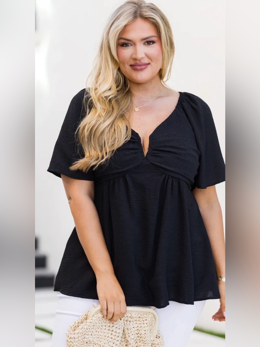 Chic Soul Black V-Neck Peplum Short Sleeve Top